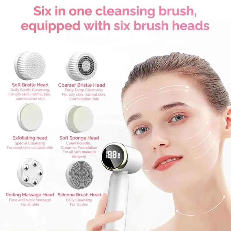 6 in 1 Electric Cleansing Brush Ultrasonic Facial Cleaner Rotating Cleansing Face Deep Cleansing Exfoliation & Gentle Skincare