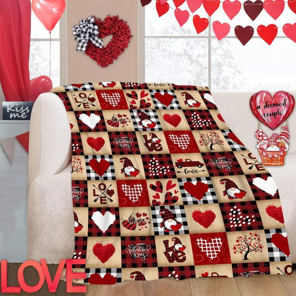 Valentine Love Blanket Gnome Hearts Buffalo Plaid for Couch Lightweight Warm Cozy Blankets, Valentine's Day Gifts for Women