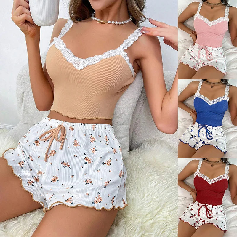 Casual Printed Pajamas For Women Two Pieces Sleepwear Women's Pajama Shorts Loungewear Sets Nightwear Female Home Suit Clothes