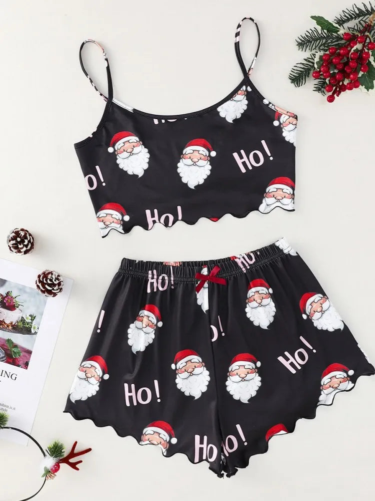 Women's Sleepwear Christmas Santa Print Pajama Set with Spaghetti Strap Top and Shorts Crew Neck Sleeveless Loungewear