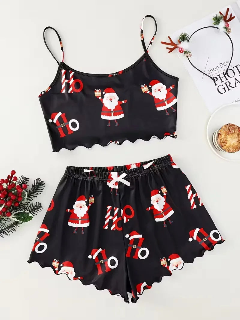 Women's Sleepwear Christmas Santa Print Pajama Set with Spaghetti Strap Top and Shorts Crew Neck Sleeveless Loungewear