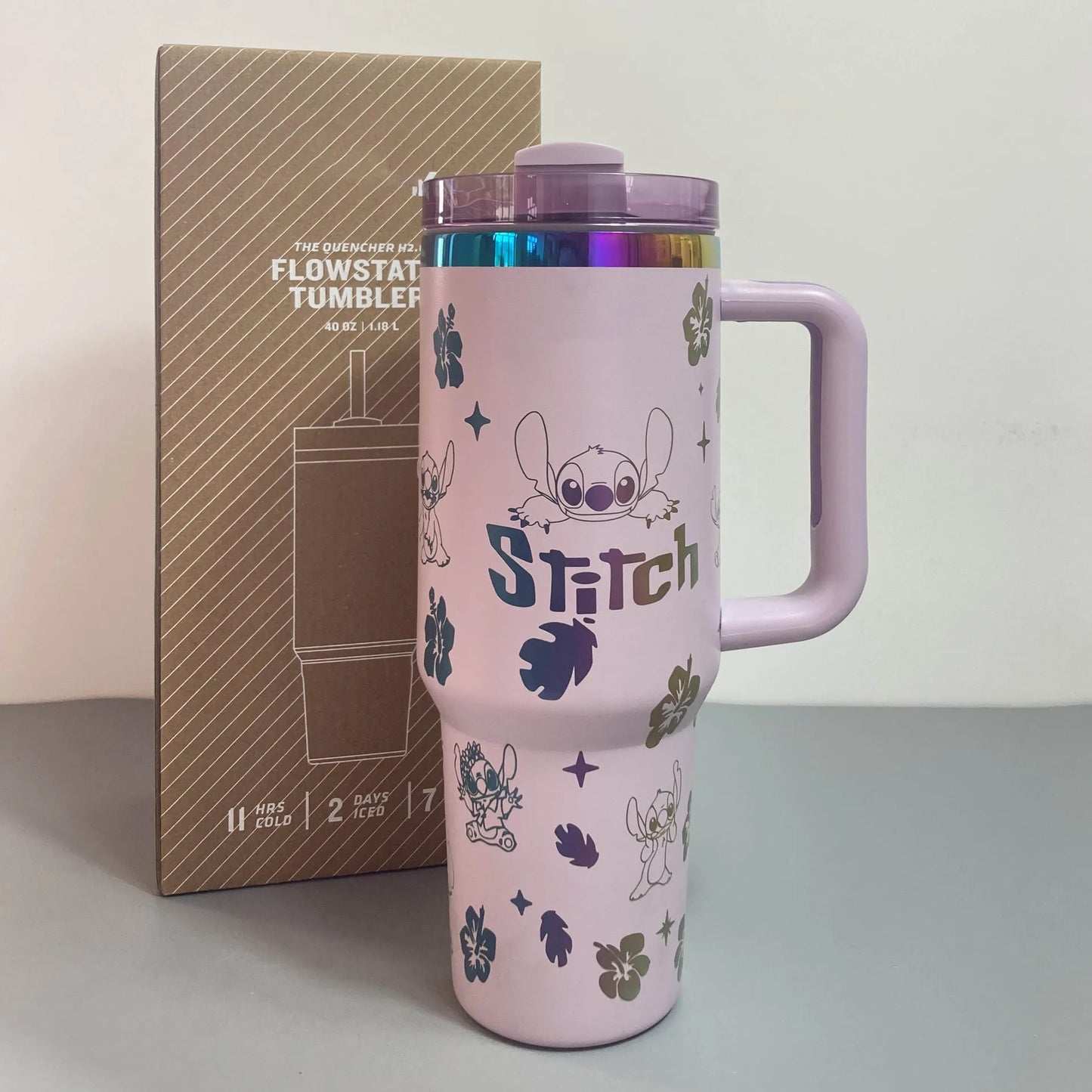 Kawaii Disney Stitch 40oz 304 Steel Drum Type Tibial Drive Insulated Cup With Straw And Lid, Large Capacity Car Cup Gift