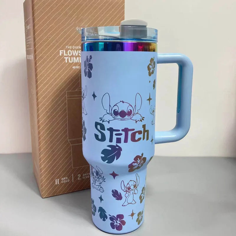 Kawaii Disney Stitch 40oz 304 Steel Drum Type Tibial Drive Insulated Cup With Straw And Lid, Large Capacity Car Cup Gift