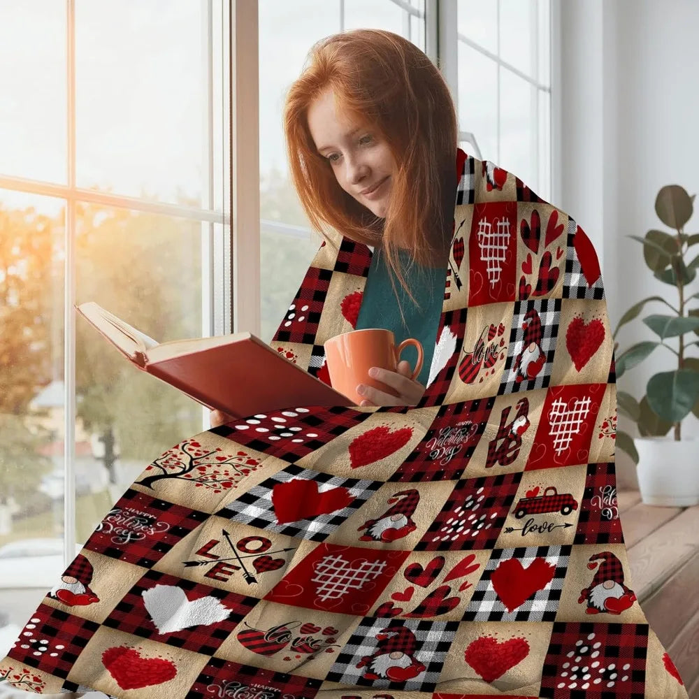 Valentine Love Blanket Gnome Hearts Buffalo Plaid for Couch Lightweight Warm Cozy Blankets, Valentine's Day Gifts for Women
