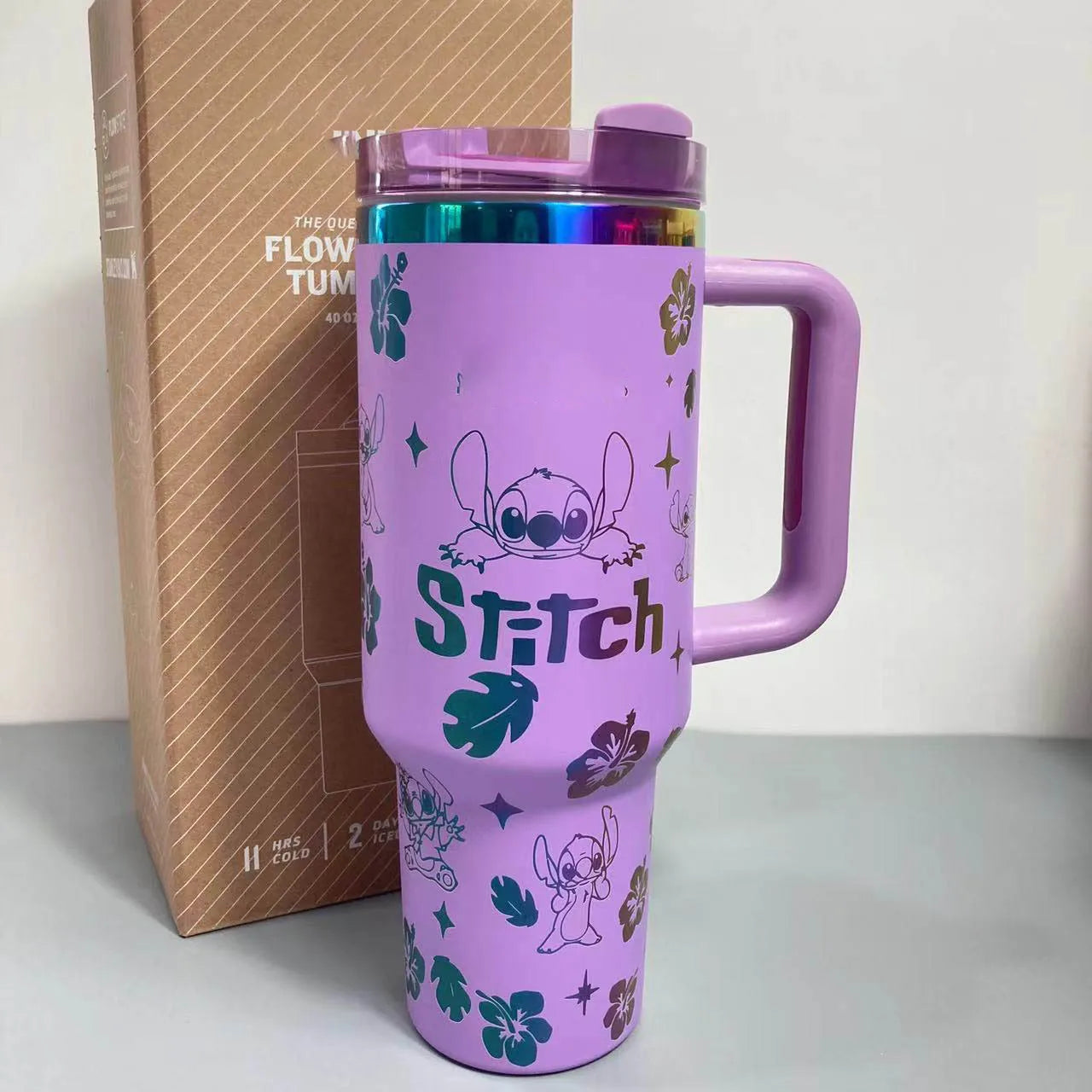 Kawaii Disney Stitch 40oz 304 Steel Drum Type Tibial Drive Insulated Cup With Straw And Lid, Large Capacity Car Cup Gift