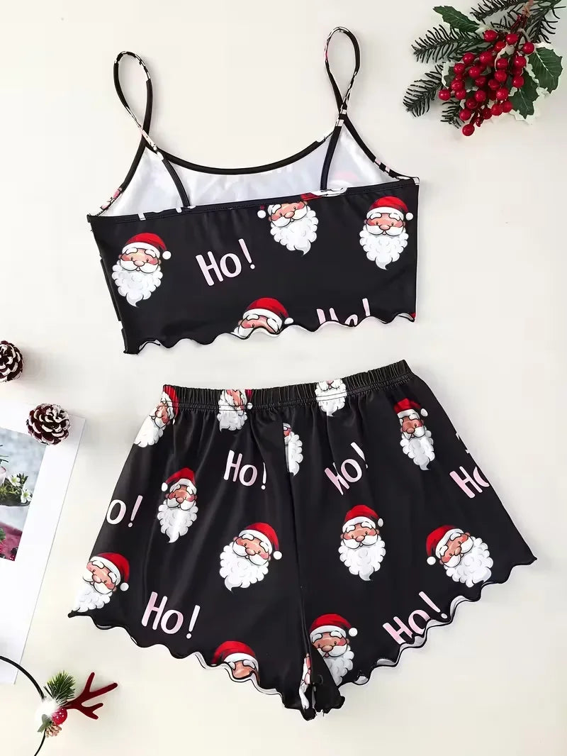 Women's Sleepwear Christmas Santa Print Pajama Set with Spaghetti Strap Top and Shorts Crew Neck Sleeveless Loungewear
