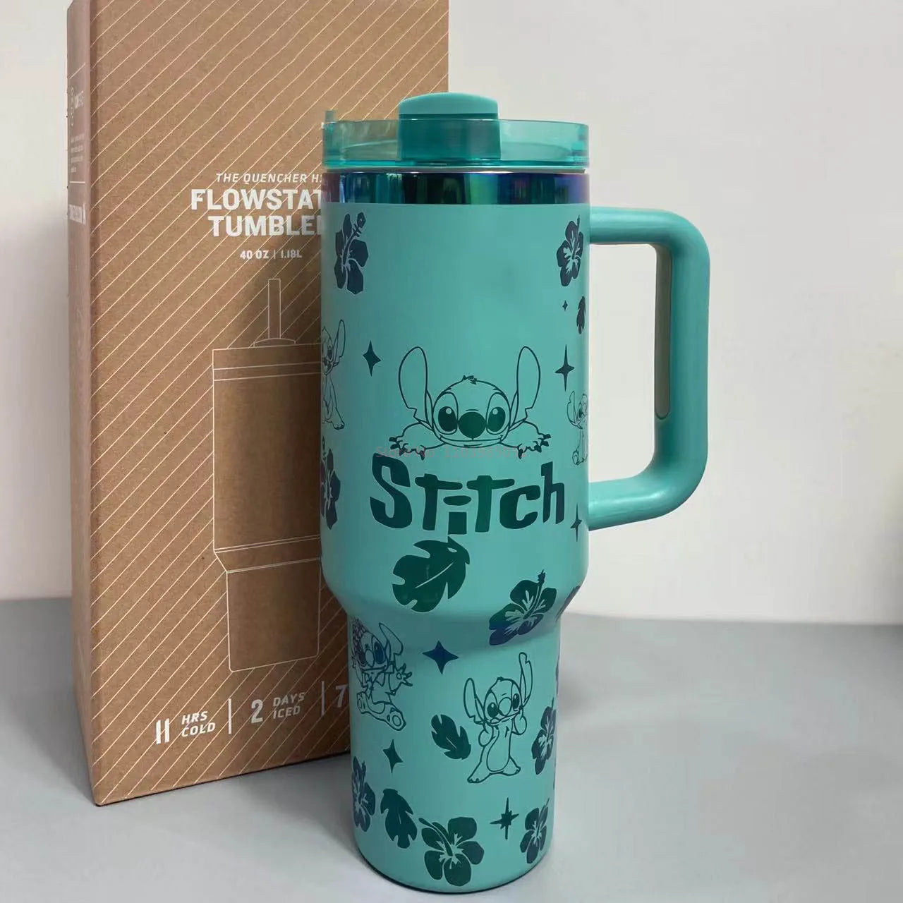 Kawaii Disney Stitch 40oz 304 Steel Drum Type Tibial Drive Insulated Cup With Straw And Lid, Large Capacity Car Cup Gift