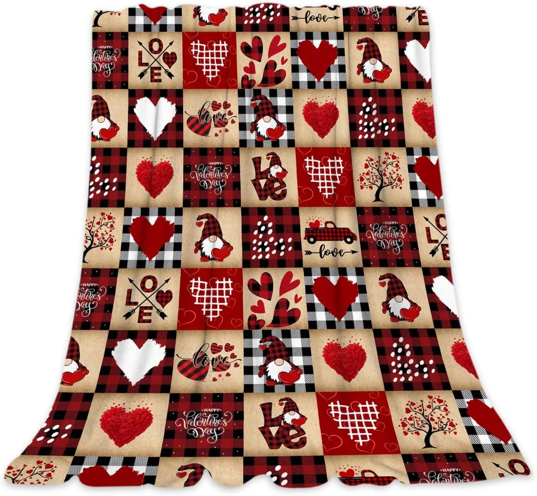 Valentine Love Blanket Gnome Hearts Buffalo Plaid for Couch Lightweight Warm Cozy Blankets, Valentine's Day Gifts for Women