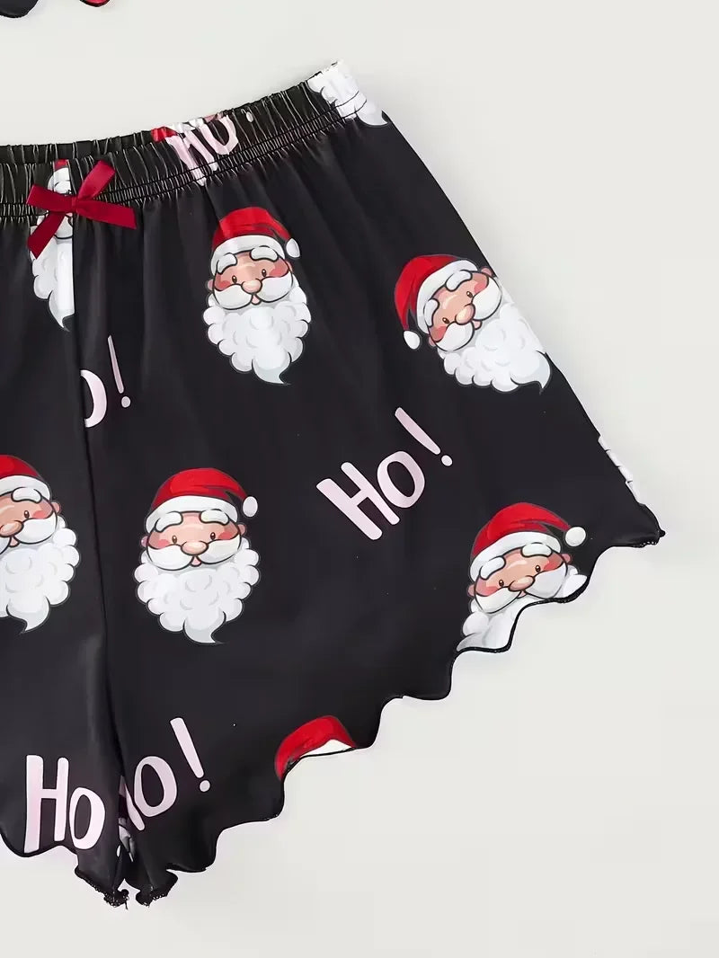 Women's Sleepwear Christmas Santa Print Pajama Set with Spaghetti Strap Top and Shorts Crew Neck Sleeveless Loungewear