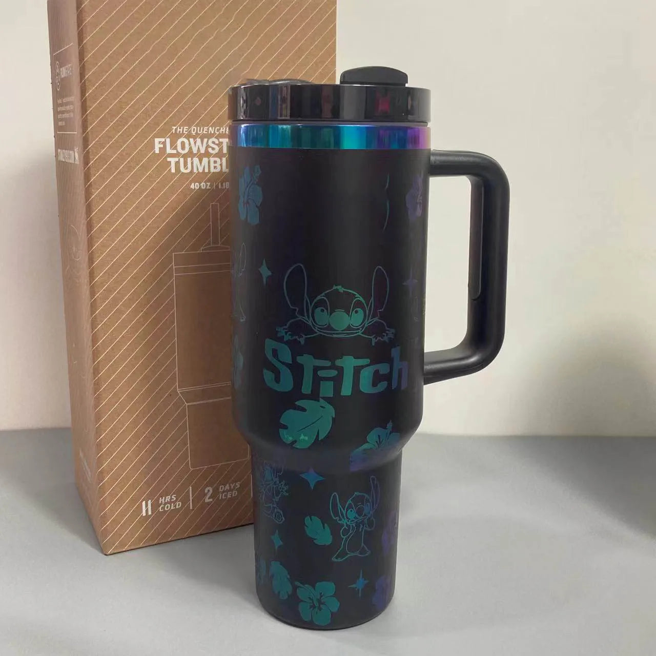 Kawaii Disney Stitch 40oz 304 Steel Drum Type Tibial Drive Insulated Cup With Straw And Lid, Large Capacity Car Cup Gift