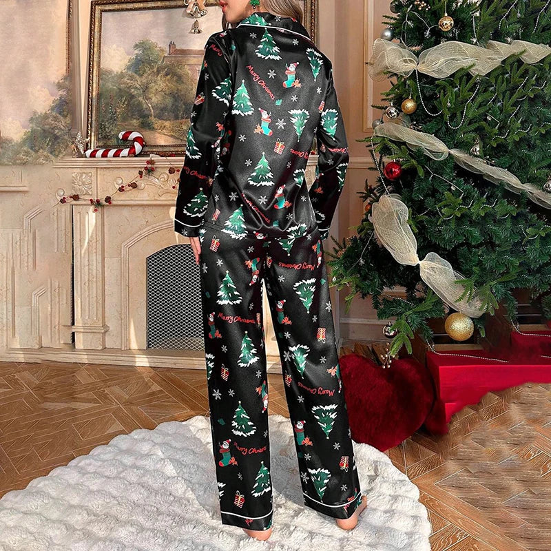 Women's Christmas Silky Pajama Set With Tree Print Long-Sleeve Lapel Chest Pocket Top And Long Pants Comfortable Sleepwear Pjs