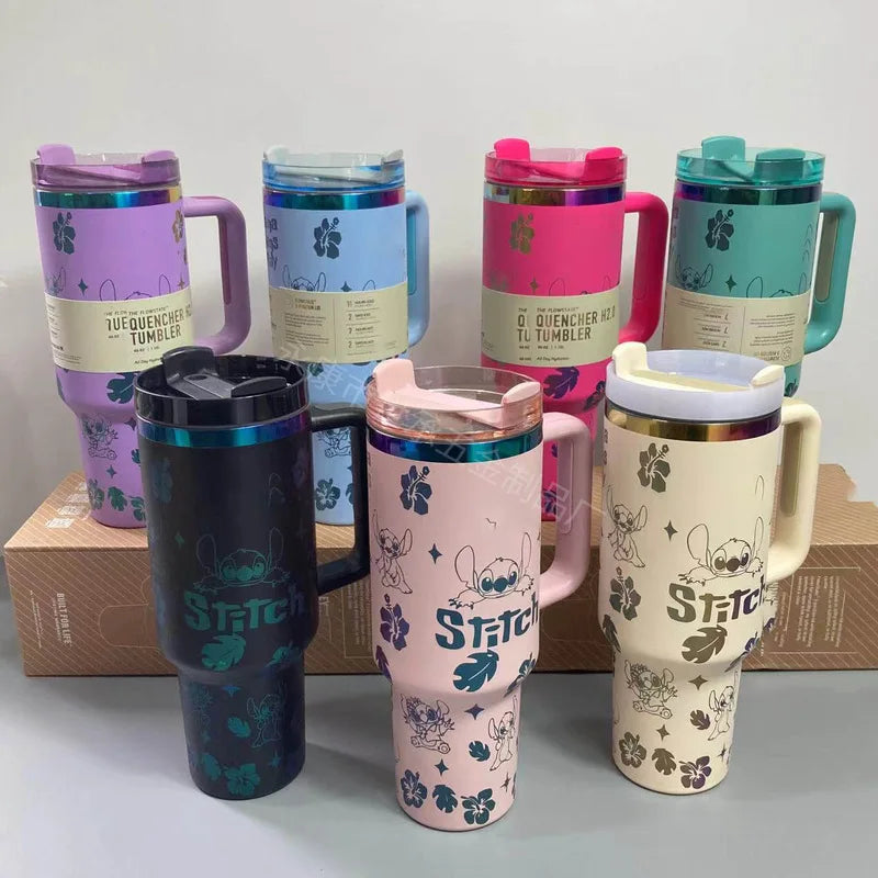 Kawaii Disney Stitch 40oz 304 Steel Drum Type Tibial Drive Insulated Cup With Straw And Lid, Large Capacity Car Cup Gift