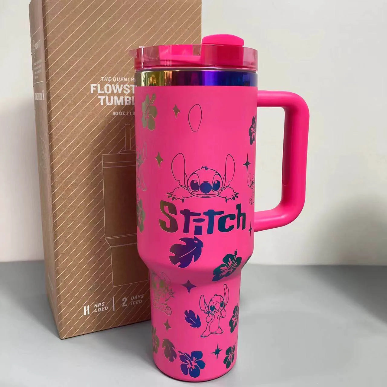 Kawaii Disney Stitch 40oz 304 Steel Drum Type Tibial Drive Insulated Cup With Straw And Lid, Large Capacity Car Cup Gift
