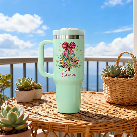Christmas Insulated Tumbler Custom Name Faux Glitter Christmas Tree And Bow Trendy Coquette Tumbler Ideal Holiday Gift