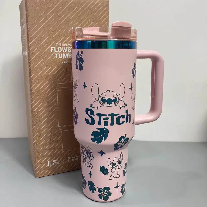 Kawaii Disney Stitch 40oz 304 Steel Drum Type Tibial Drive Insulated Cup With Straw And Lid, Large Capacity Car Cup Gift