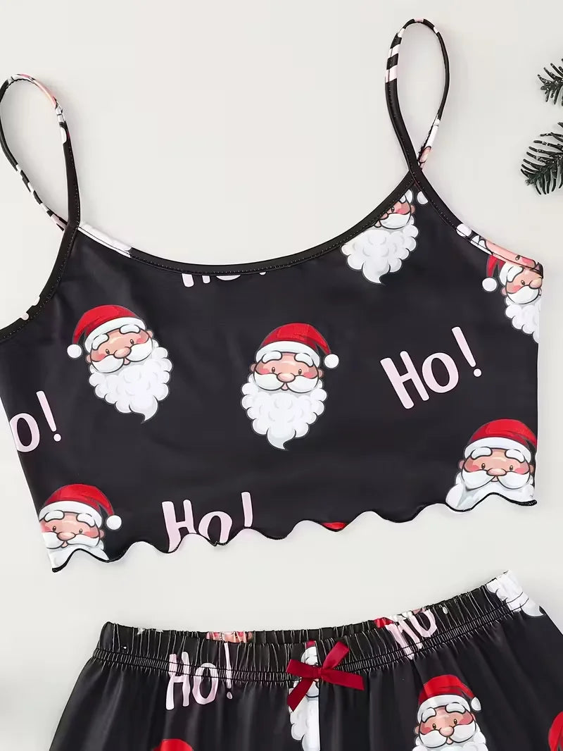 Women's Sleepwear Christmas Santa Print Pajama Set with Spaghetti Strap Top and Shorts Crew Neck Sleeveless Loungewear