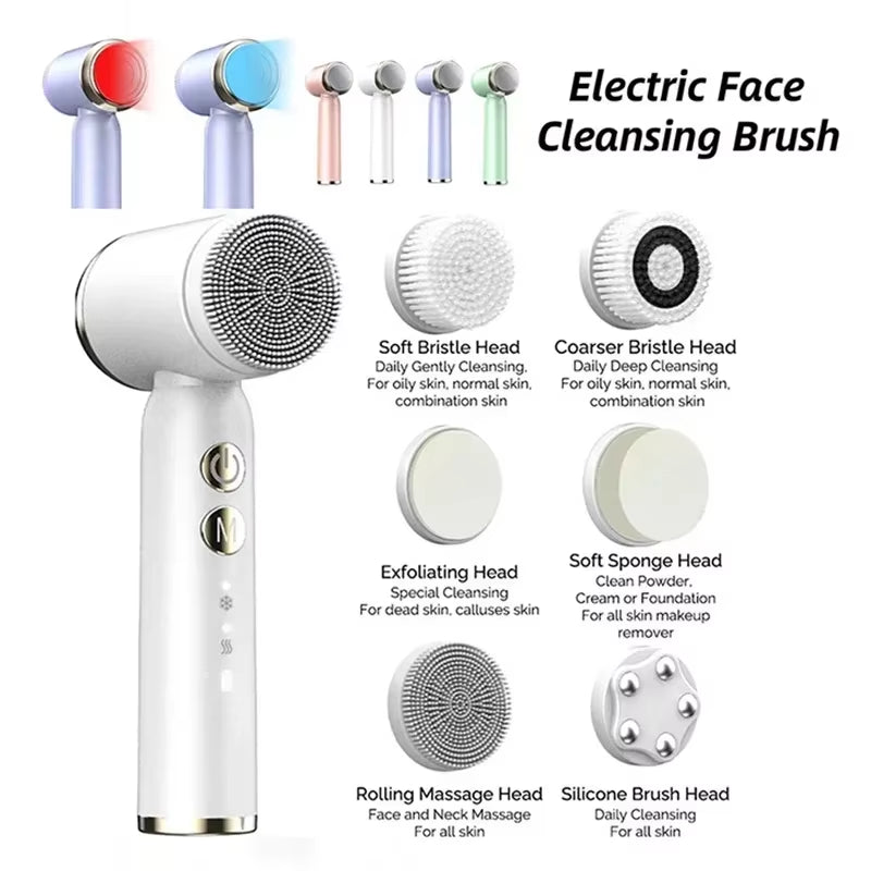 6 in 1 Electric Cleansing Brush Ultrasonic Facial Cleaner Rotating Cleansing Face Deep Cleansing Exfoliation & Gentle Skincare