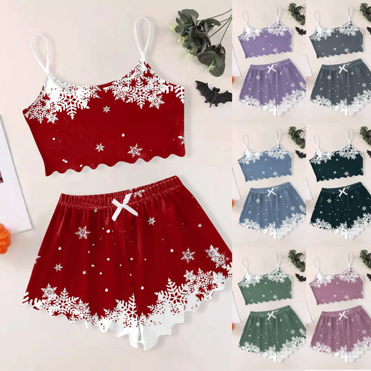 Women Christmas Print Pajamas Set Sleepwear Camisole And Shorts Two Piece Pjs Sets Soft Nightgown Loungewear Home Clothes