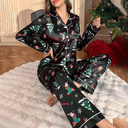 Women's Christmas Silky Pajama Set With Tree Print Long-Sleeve Lapel Chest Pocket Top And Long Pants Comfortable Sleepwear Pjs