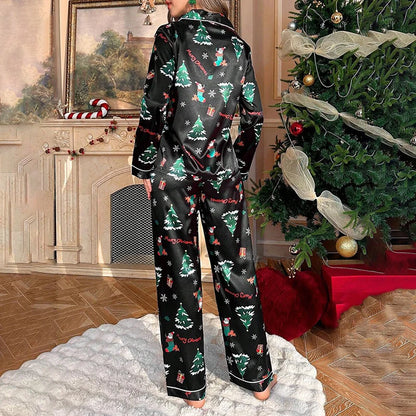 Women's Christmas Silky Pajama Set With Tree Print Long-Sleeve Lapel Chest Pocket Top And Long Pants Comfortable Sleepwear Pjs